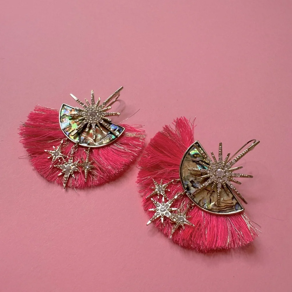 Unique Pink and Gold Fringe Star Earrings
